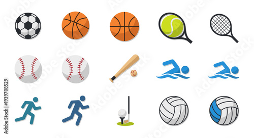 Collection of diverse sports equipment and icons representing athletic activities