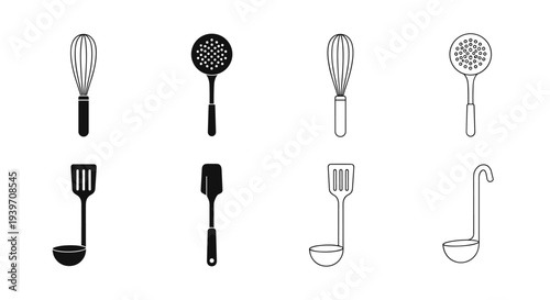 Collection of kitchen utensils including whisks, spatulas, ladles, and slotted spoons