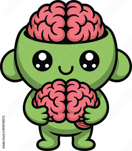 Cute cartoon green alien holding a pink brain with an open head showing brain inside