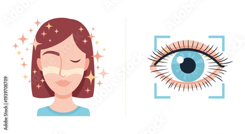 Skincare Beauty Routine and Eye Scan Biometric Recognition Vector Illustration Set for Digital Security and Wellness Concepts