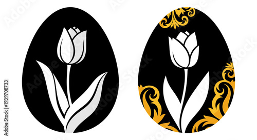 Elegant Black and White Easter Egg Vector Set with Stylized Tulip and Golden Baroque Ornate Design for Holiday Decorations and Spring Celebrations