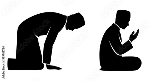 Set of 2 Muslim men praying silhouettes vector illustration, depicting traditional Islamic prayer positions for religious and cultural design projects