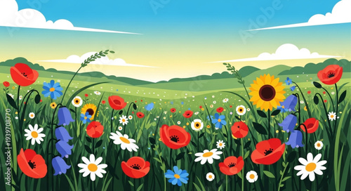 Colorful Wildflowers Blooming in a Vibrant Meadow.