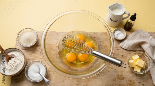 A glass mixing bowl with eggs and a whisk inside, ingredients ready, pastel yellow background, overhead studio lighting, 4k, hyperrealistic.