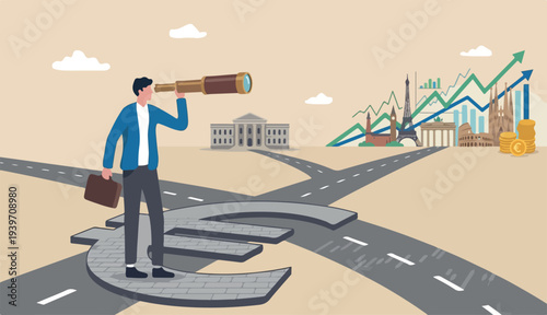 Europe financial visionary, economic forecast European countries investment stock market concept, businessman investor standing Euro currency sign big central bank using telescope see market future