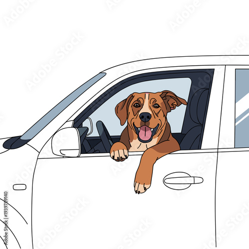 Happy dog leaning out of car window for pet travel and road trip illustration