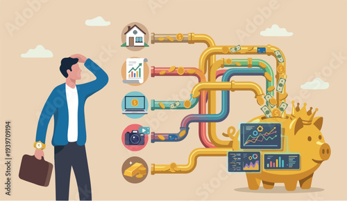 Multiple streams analysis ncome, passive income or revenue from invest in multi assets, side hustles to make money concept, rich businessman standing with multi cash flow from pipe into wealthy piggy 