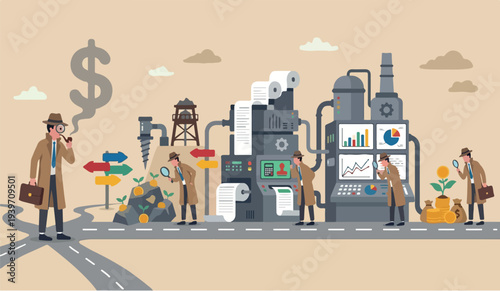 Search marketing right success plaining achievement growth project with magnifying glass smoking pipe with dollar sign smoke