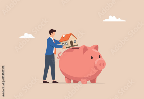 Saving for house, mortgage or housing loan, collect money for down payment concept, human man holding warm family house insert into pink piggy bank