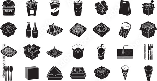 Black and white fast food containers and utensils packaging