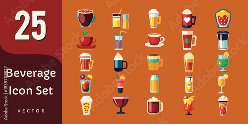 Beverage Icon Set – Colorful Coffee, Tea and Cocktail Drink Vector Icons