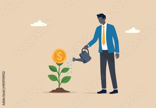 Financial or investment growth, increase earning profit and capital gain, success in wealth management concept, smart businessman finish watering growing money plant seedling with coin flower