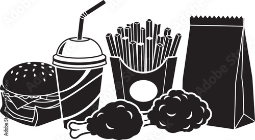 Black and white fast food including hamburger fries and drink