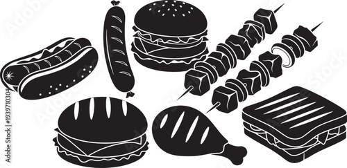 Black and white grilled foods barbecue hot dog sausage hamburger