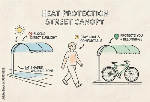 Innovative Street Canopy Design for Optimal Heat Protection and Comfortable Urban Walkways Enhancing Safety and Comfort for Passersby and Bicycles