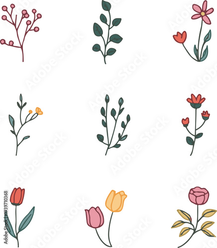 Set of spring colorful flowers. Set of floral branch. Isolated on white for greeting cards