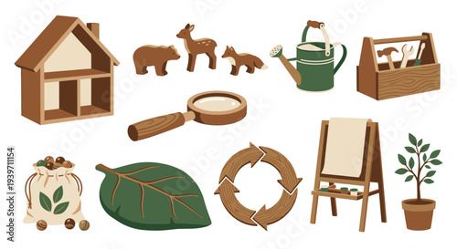 Nature inspired eco playroom icons with wooden dollhouse animal figurines watering can in forest green wood brown cream for natural children branding design