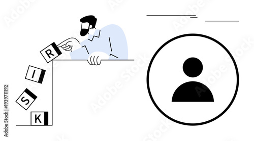 Person removing letter blocks spelling risk over a ledge beside a minimal user profile icon. Ideal for concepts thumbs up decision-making, risk assessment, strategy, business, caution
