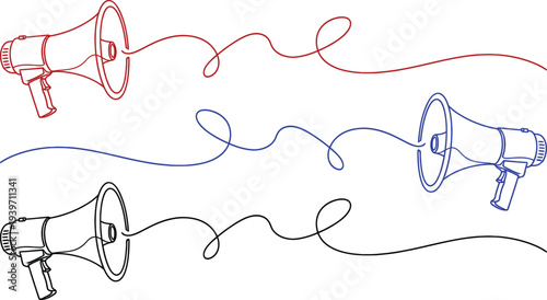 A colorful illustration of three megaphones with swirling speech lines in red, blue, and black.