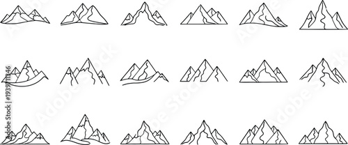 A collection of various mountain line art illustrations on a white background