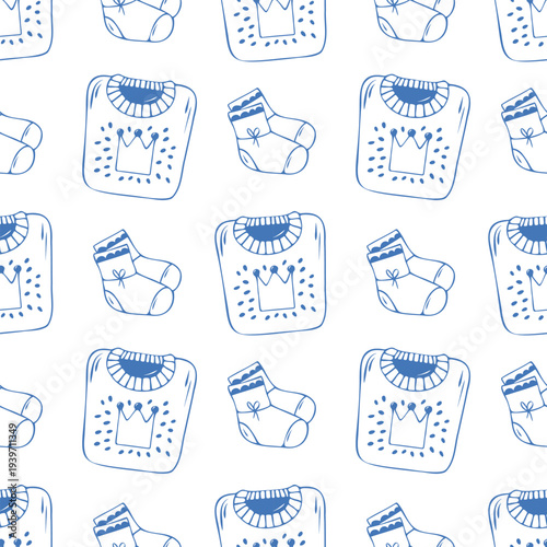 Seamless pattern with baby sweaters and socks. Blue line hand drawn minimalist vector background on white for kids wallpaper, toddler winter textile design, first birthday celebration decor