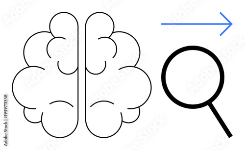 Brain structure, magnifying glass, blue arrow for analysis, curiosity, research, innovation, problem-solving, discovery. Ideal for science education healthcare creativity exploration learning
