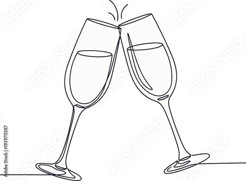 A simple line drawing of two champagne glasses clinking together in celebration