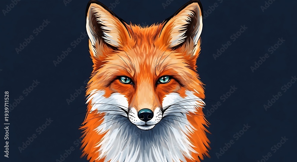 Fototapeta premium Vibrant digital art portrait of a red fox with piercing blue eyes, set against a dark backdrop