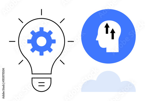 Innovation concept. Innovation with a lightbulb and gear for creative thinking, human mind symbol with arrows for growth, and a cloud element. Ideal for technology, growth mindset, business