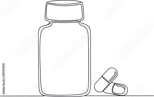 A simple line drawing of a medicine bottle and two capsules on a clean white background