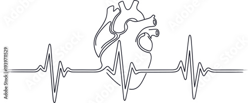 A line drawing of a human heart with an electrocardiogram reading