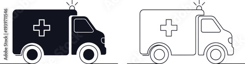 An illustration of two ambulance vehicles, one in black and white and the other in line art, against a clean white background.