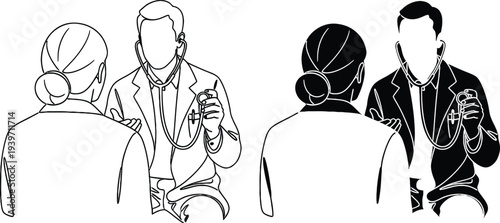 A doctor and patient discussing health in a medical consultation with another doctor and patient in the background.