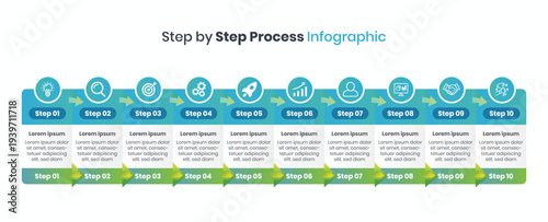 10 Steps Workflow Infographic, Business Process Flow Timeline Template for Project Management and Corporate Presentation