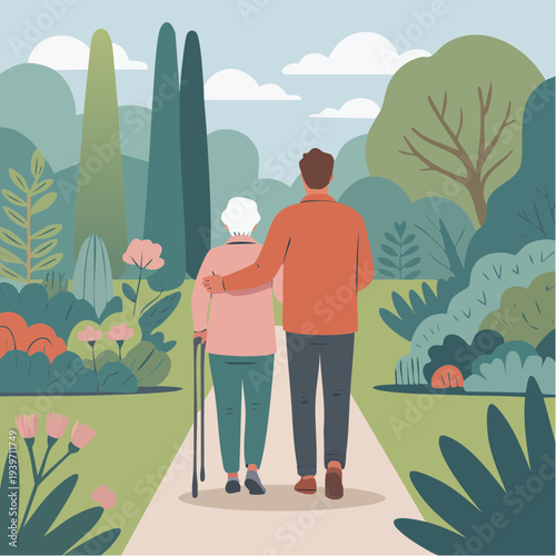 An illustration of a young person supporting an older person with a walking stick, strolling together in a lush park.