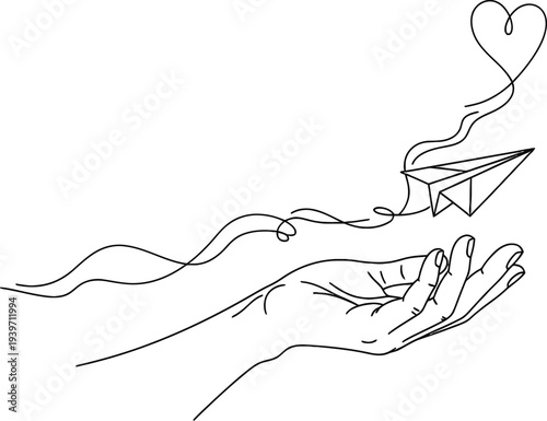 A hand releasing a paper airplane with a heart shaped smoke trail