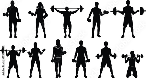 A group of people exercising with dumbbells in various poses on a white background