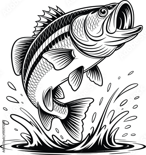 Black and white illustration of a largemouth bass jumping out of water