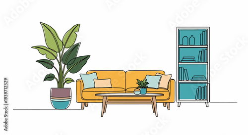 Yellow Sofa with Pillows and Bookshelf.