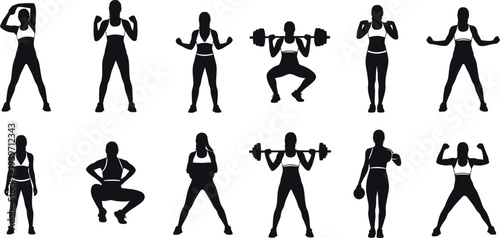 A fit woman performs various exercises in different poses with dumbbells and weights.