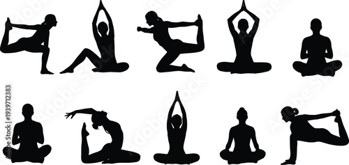 A group of people practicing various yoga poses in black silhouette on a white background