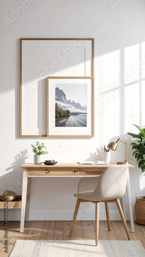 Bright, minimalist desk with art