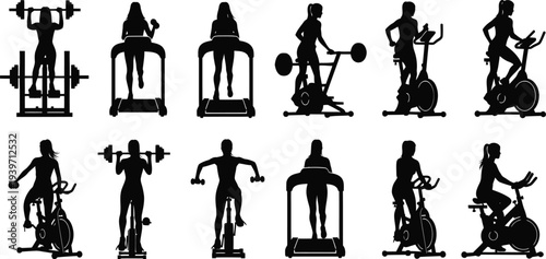A group of people exercising on various fitness equipment in a gym