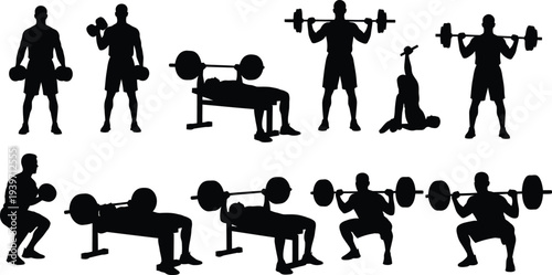 A fit man engaging in various weightlifting exercises in a modern gym