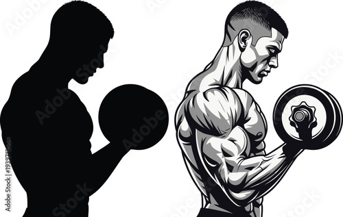 A muscular man lifting weights in a gym with a silhouette of another person working out beside him.