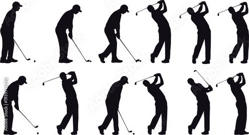 A golfer in various poses swinging a golf club in a sequence of movements.