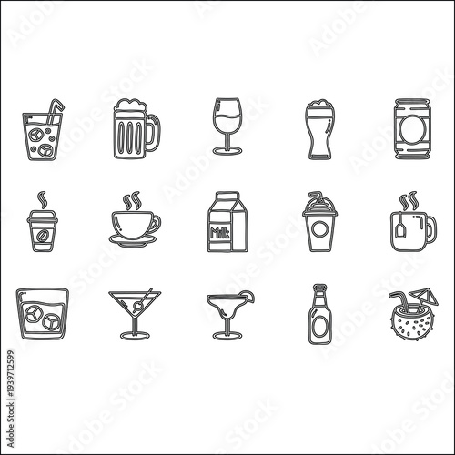 Drinks and Beverages Line Icons Set – Coffee, Beer, Cocktails and Beverage Glass Vector Collection