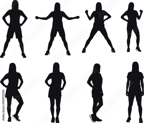 A collection of black silhouettes of women in various fitness poses on a white background