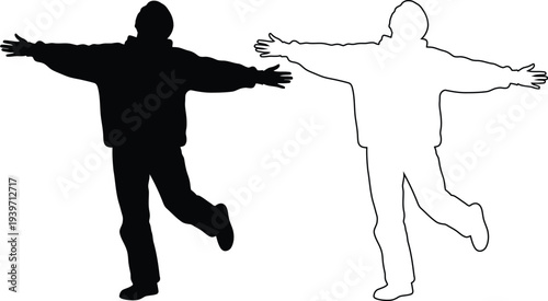 A black silhouette of a man standing with outstretched arms next to a white outline of a man in a similar pose