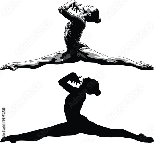 A woman performs a split leap in a graceful dance pose in black and white